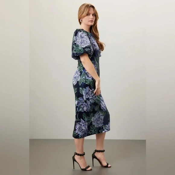 Marchesa Notte Floral Embroidered Puff Sleeve Sequin Midi Dress - Picture 6 of 11